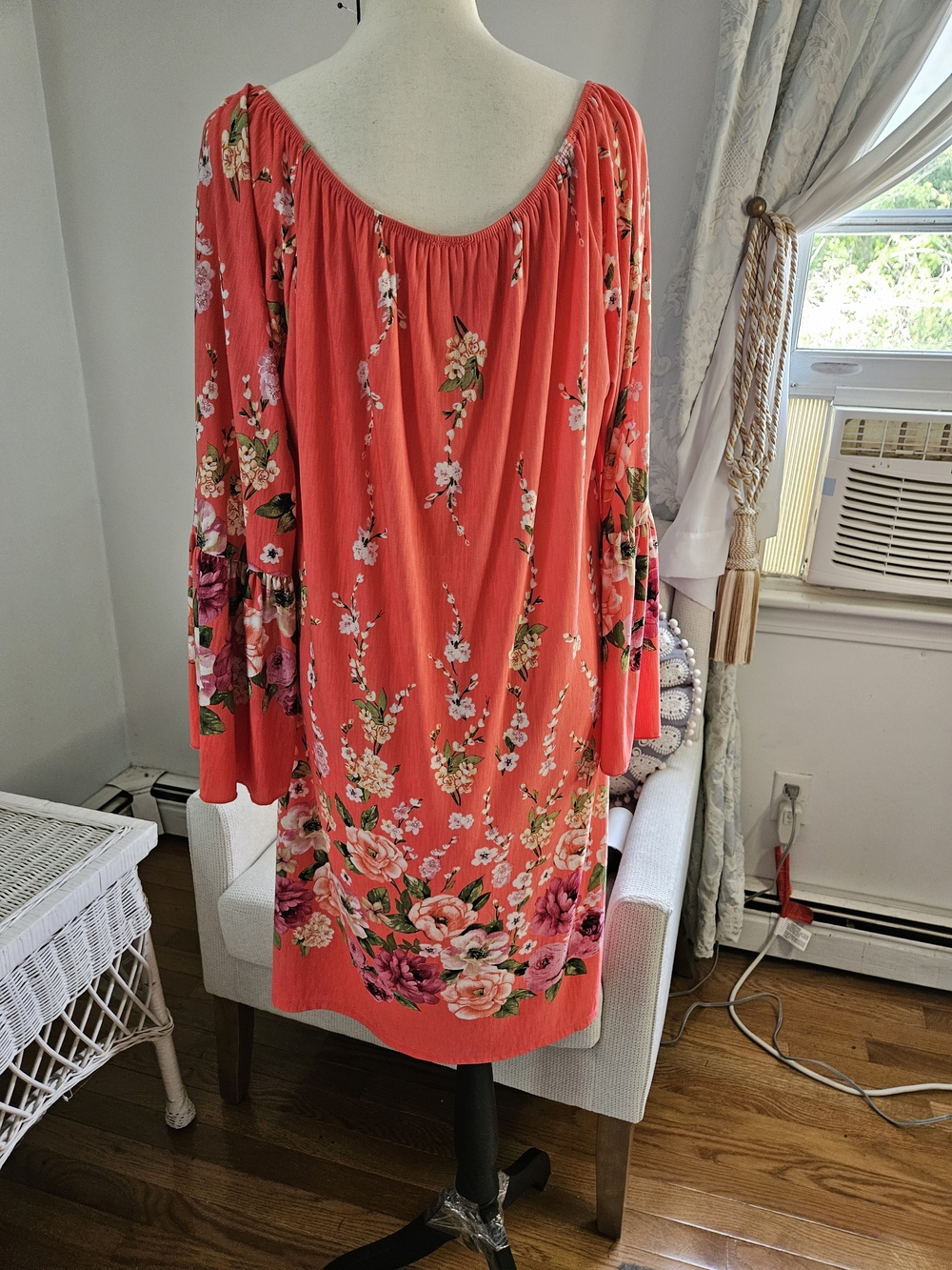 Coral Floral Off-Shoulder Dress with Bell Sleeves